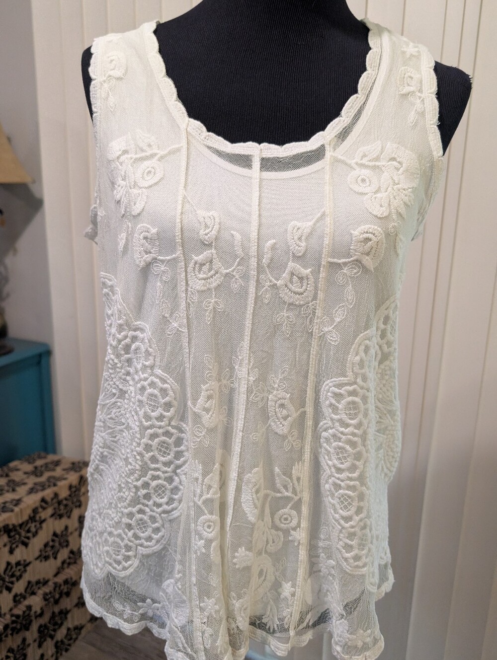Tribal Jeans White Tank with Off White Floral Embroidered Lace Overlay